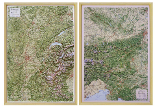 Raised relief maps The Alps 1:500.000, West and East