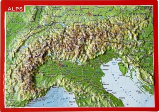 Raised relief map as postcard Alpen - framed