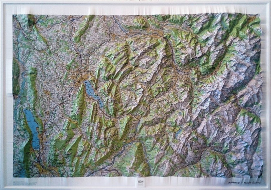 Raised relief map Mont Blanc and Annecy, big