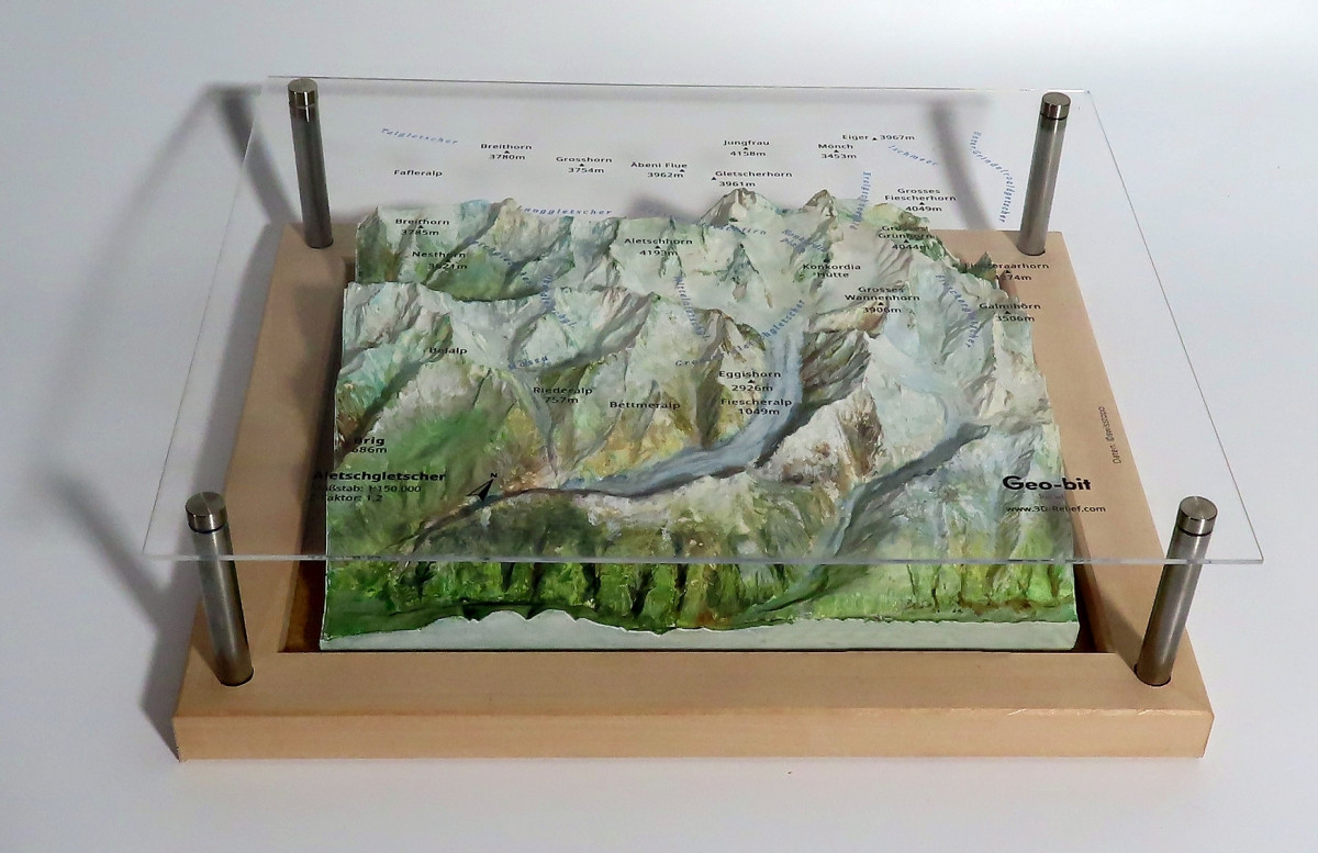 Mountain model Aletsch glacier, Konkordia hut, Aletschhorn 1:85000