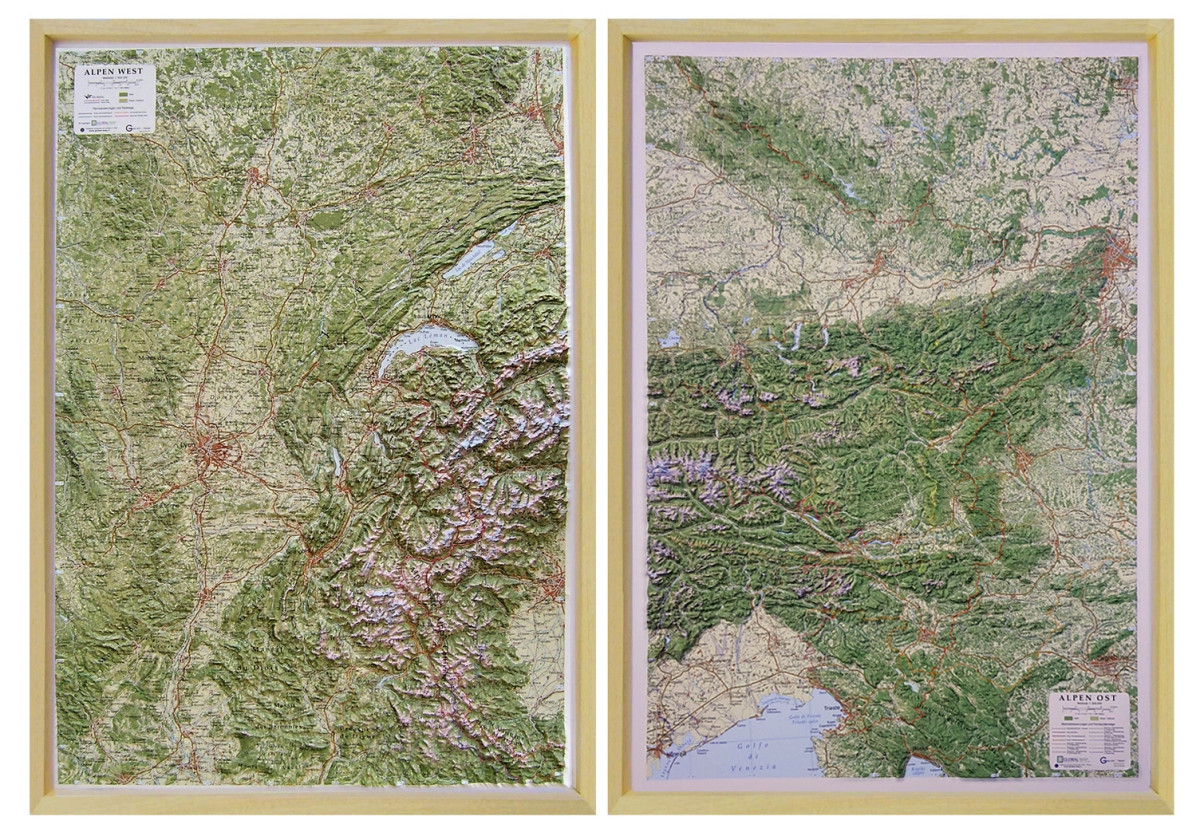 Raised relief maps The Alps 1:500.000, West and East