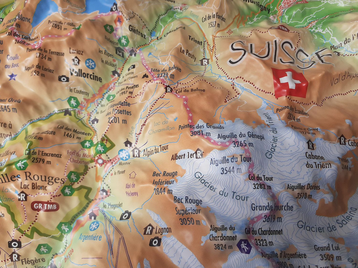 Raised relief map Mont Blanc