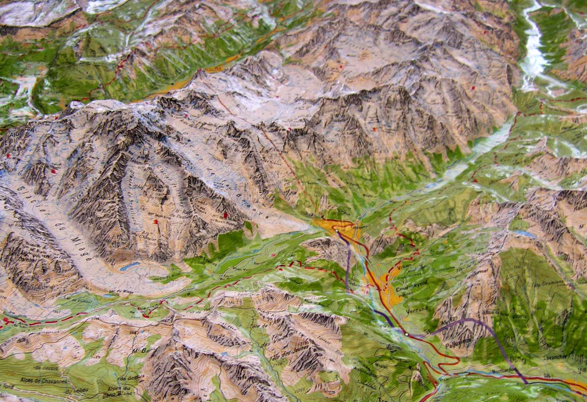 Raised relief map Mont Blanc and Annecy, big